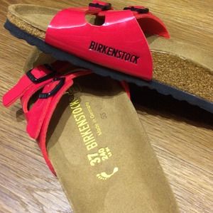 Birkenstocks! Patent red!