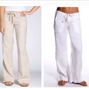 White/tan linen pants/ blue sweater