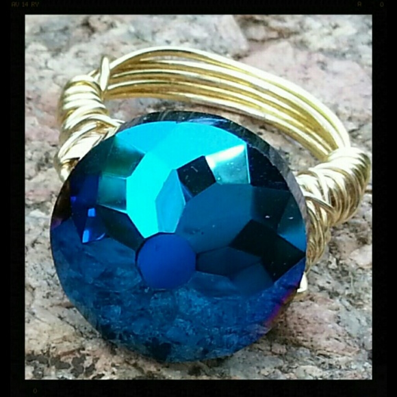 ARTEFX Jewelry - Gold wire wrapped metallic Sapphire cut glass ring