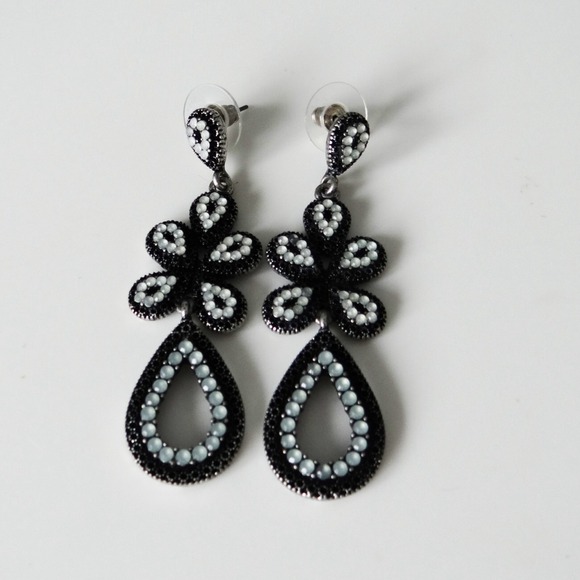 Beaded Gunmetal Teardrop Chandelier Earrings - Picture 2 of 3