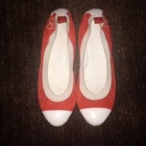 Chanel red and white color block flats.