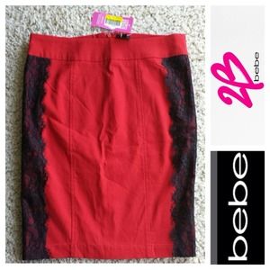 NWT red pencil skirt with black lace.