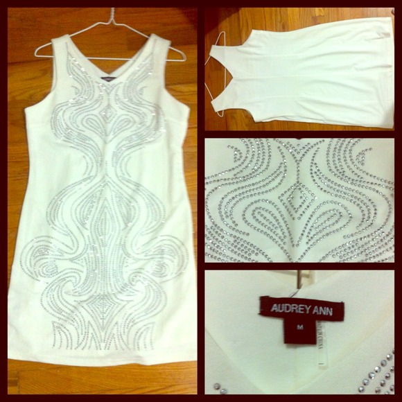 White knee length dress with silver beading