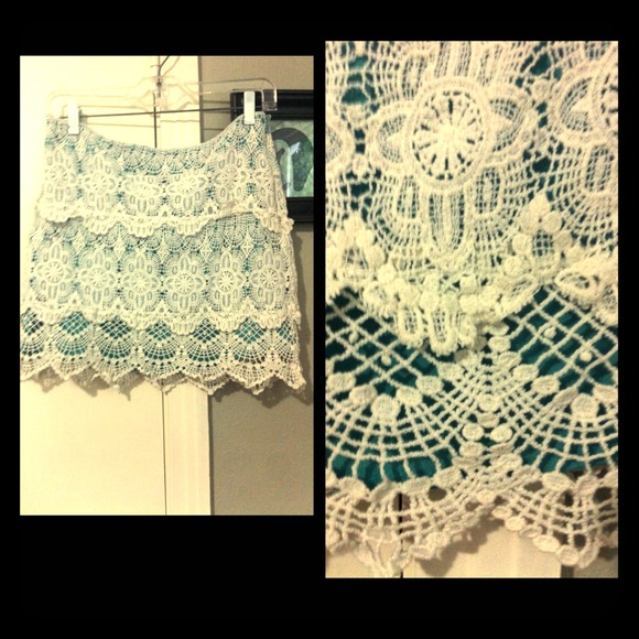Above the knee teal with white lace overlay skirt