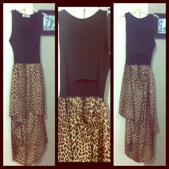 Open back hi low cheetah print & black dress