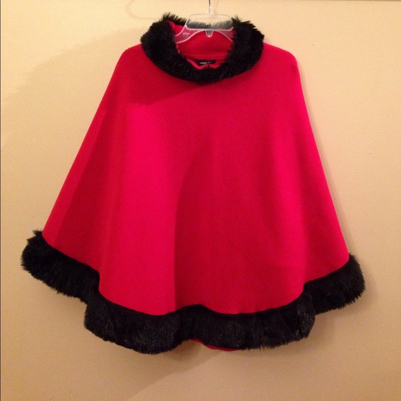 Outerwear - Holiday Glam! Red faux fur trim poncho.