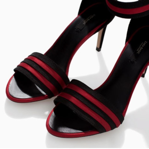 Zara red stripe heel sandal ankle strap zipper zip