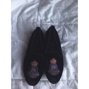 Black velvet monogrammed Ralph Lauren loafers