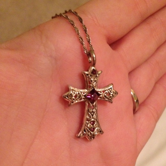 Silver cross necklace with purple gem