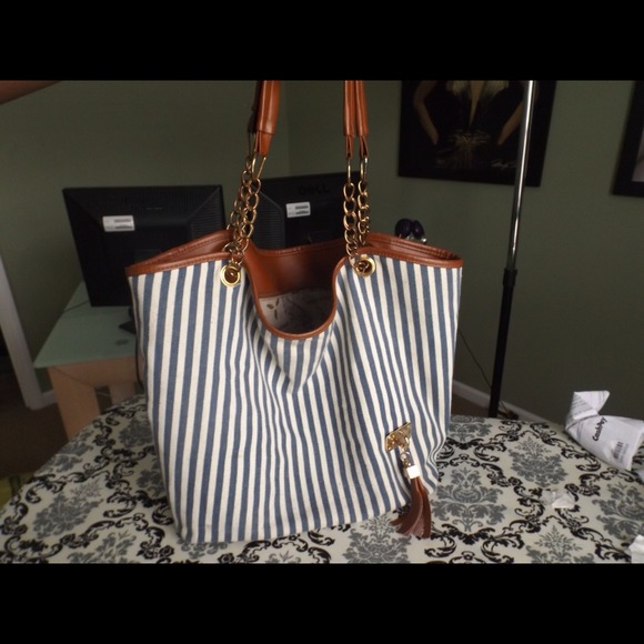 Stripe designed tote shoulder canvas handbag