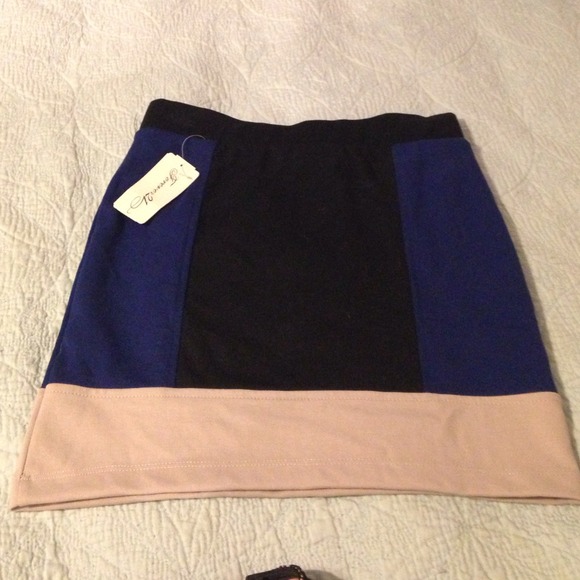 Black, blue, tan "bandage" skirt