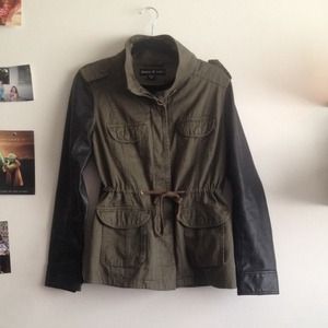 Army jacket with leather sleeves