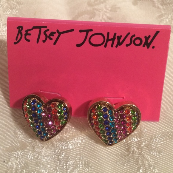 Betsey johnson rainbow crystal heart earrings