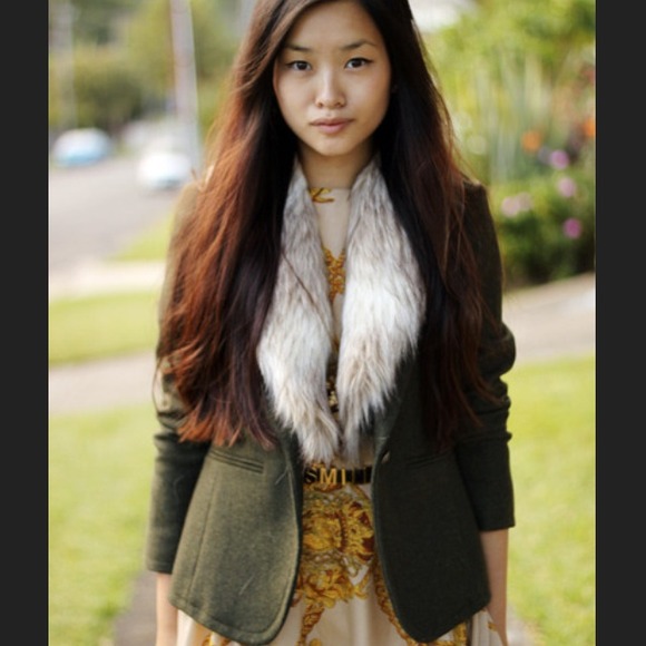 Ann Taylor Loft fur collar olive green blazer