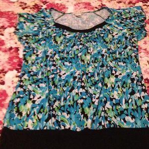 Blue, black and green top with fluttery sleeves