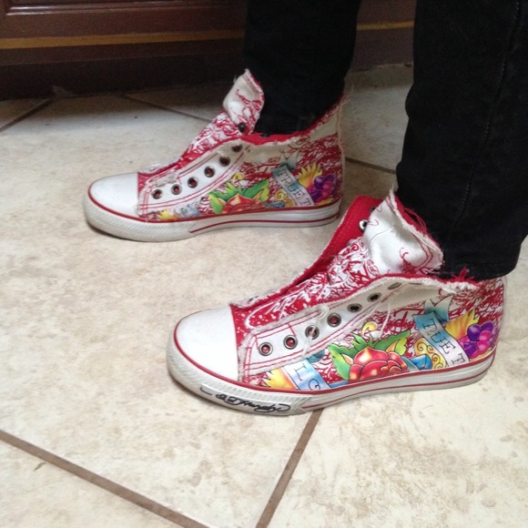 ed Hardy Shoes - Red and white hightop Ed Hardy tennis shoes