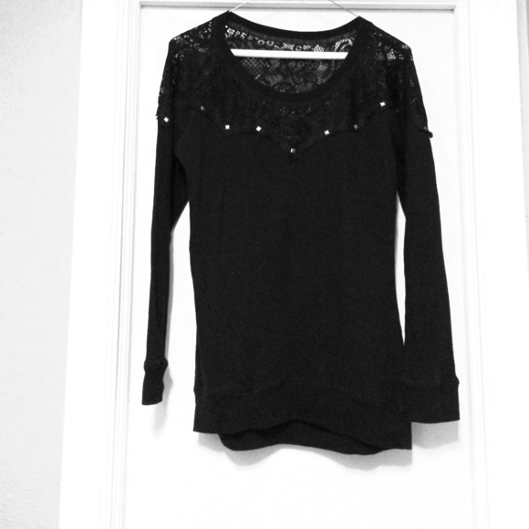 Black sweater with lace and square stud details