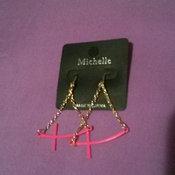 Fashion hot pink cross earrings