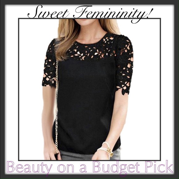 Feminine Blouse w/ Crochet Accented Sleeve/shldr - Picture 2 of 4