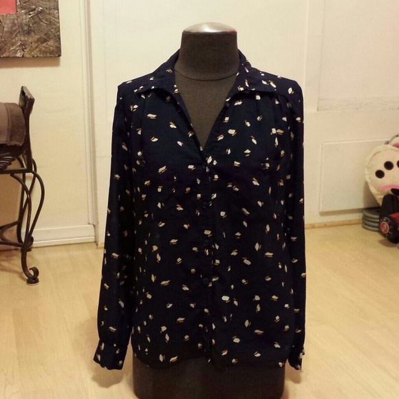 Navy Blue Print collared button up shirt