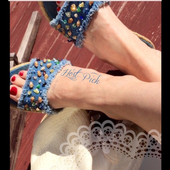 Sympatico Shoes - HP! Adorable denim wedges with beautiful stones.