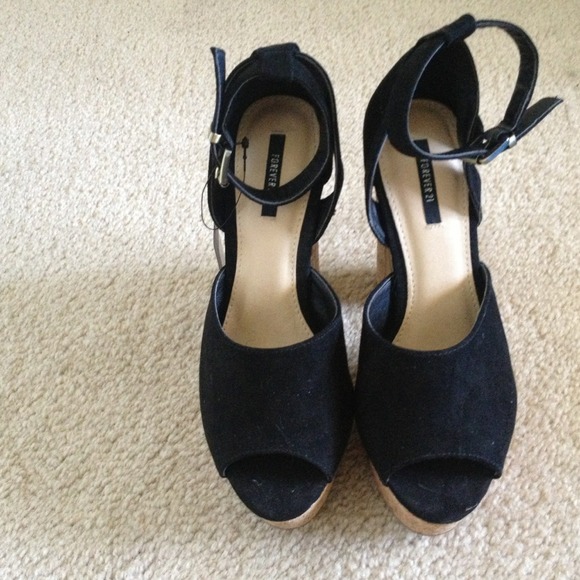 BUNDLED. Faux Suede Stacked Cork Heels. - Picture 2 of 4