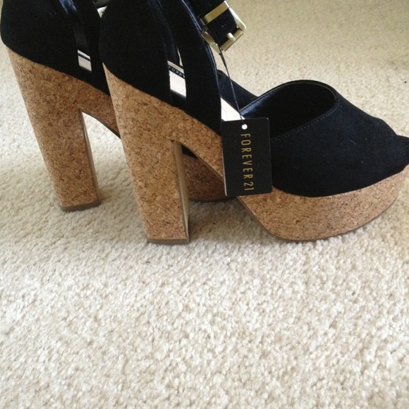 BUNDLED. Faux Suede Stacked Cork Heels. - Picture 4 of 4