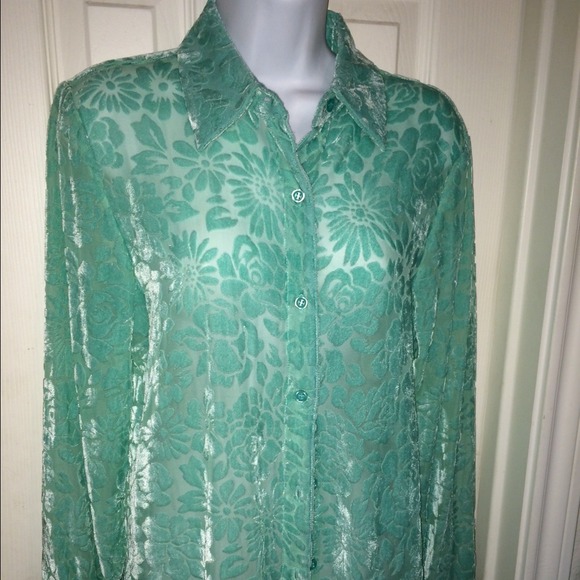 NWT Sheer sexy shirt flowery velvety pattern button down long sleeve top - Picture 7 of 10