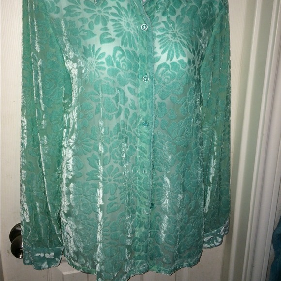 NWT Sheer sexy shirt flowery velvety pattern button down long sleeve top - Picture 8 of 10