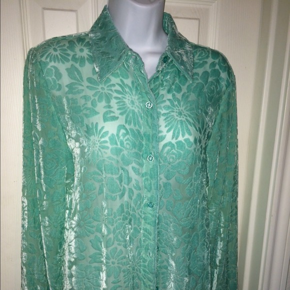 NWT Sheer sexy shirt flowery velvety pattern button down long sleeve top - Picture 9 of 10