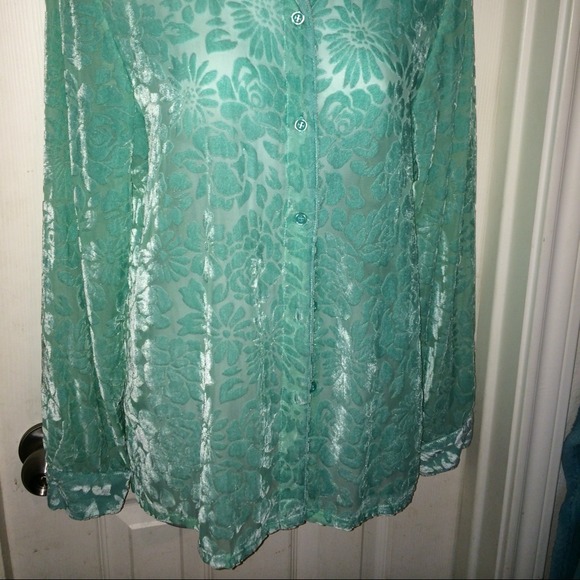 NWT Sheer sexy shirt flowery velvety pattern button down long sleeve top - Picture 10 of 10