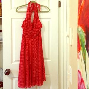 Red and white polka dot halter dress