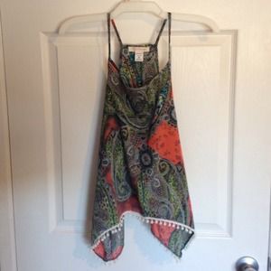 Paisley flowy open back pompom top