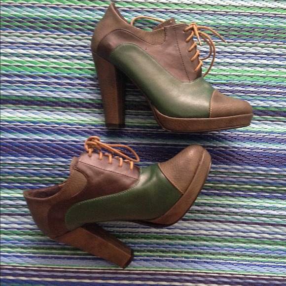 Green & taupe booties & black studded boots