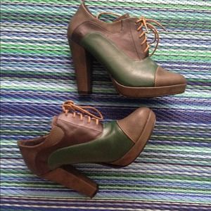 Green & taupe booties & black studded boots