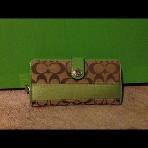 Authentic Green & Tan Coach Accordion Wallet