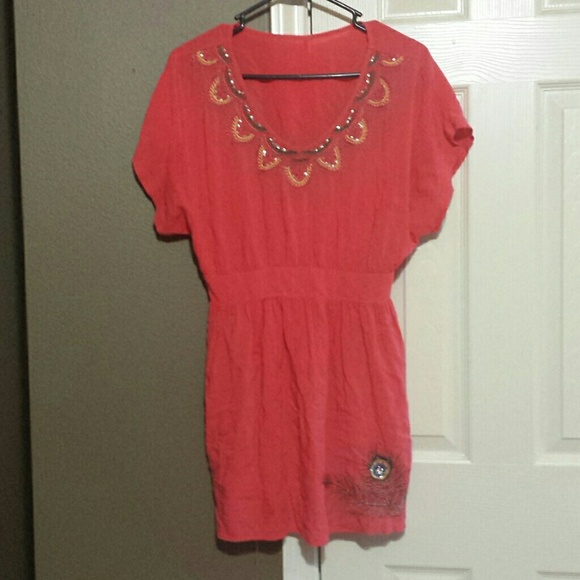 Peacock feather coral dress