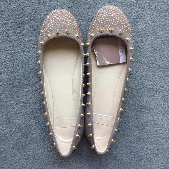 Zara Gold Spikes and Sparkle Taupe Flats