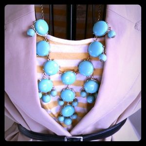 Khaki blazer/yellow striped shirt with rouching