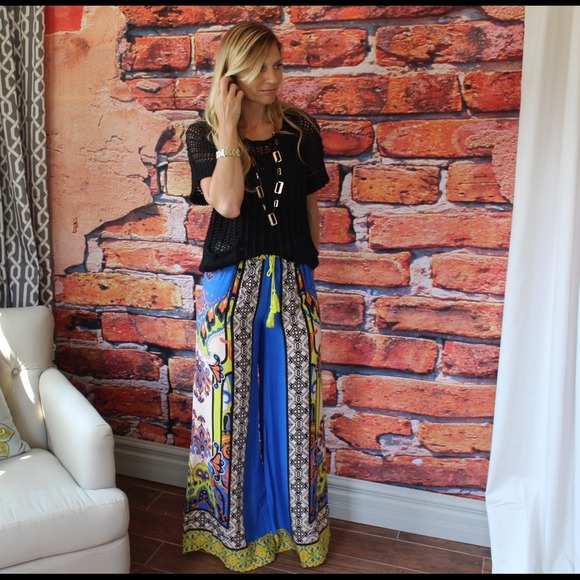Pants - Blue and yellow mixed print palazzo pants