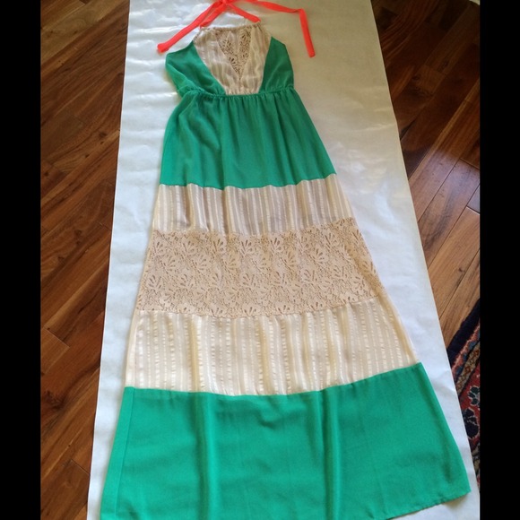 Maxi dress with panels of vibrant color and lace