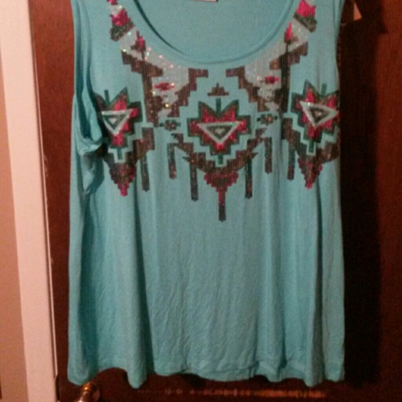 SOLD Bright blue tank with aztec design - Picture 2 of 2