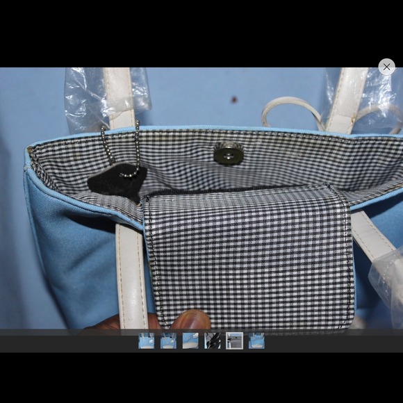 Blue and White purse with herringbone lining.