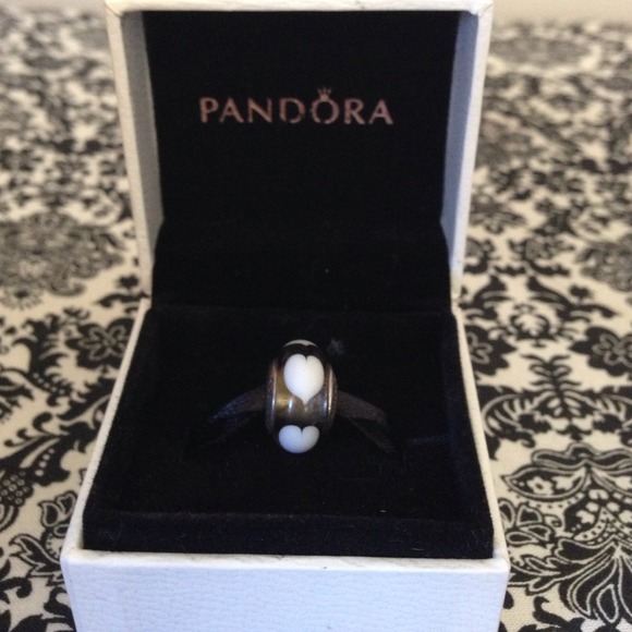 Authentic Pandora White Heart and Grey Glass Bead