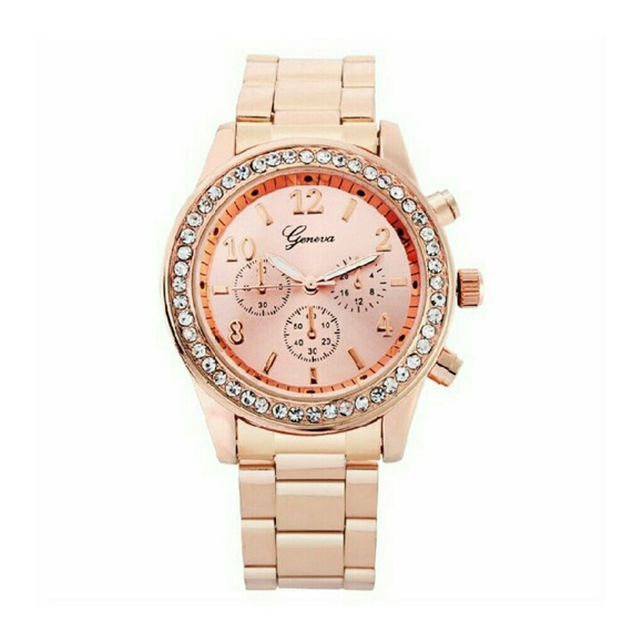 Womens Real Rose Gold Geneva Watch Bling Jewelry