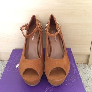 Brown studded peep toe heels