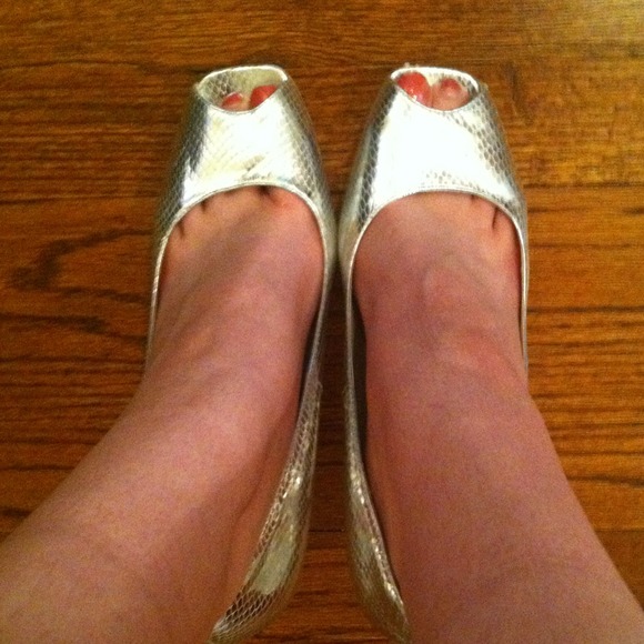 BCBGirls Silver Snakeskin Peep-Toe Pumps