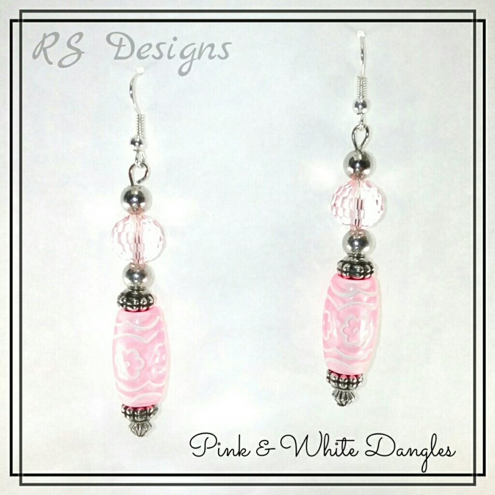 Pink & White Beaded Dangle Earrings