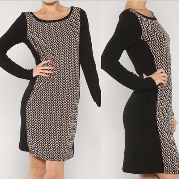 Black and taupe patterned sweater dress.