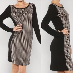 Black and taupe patterned sweater dress.